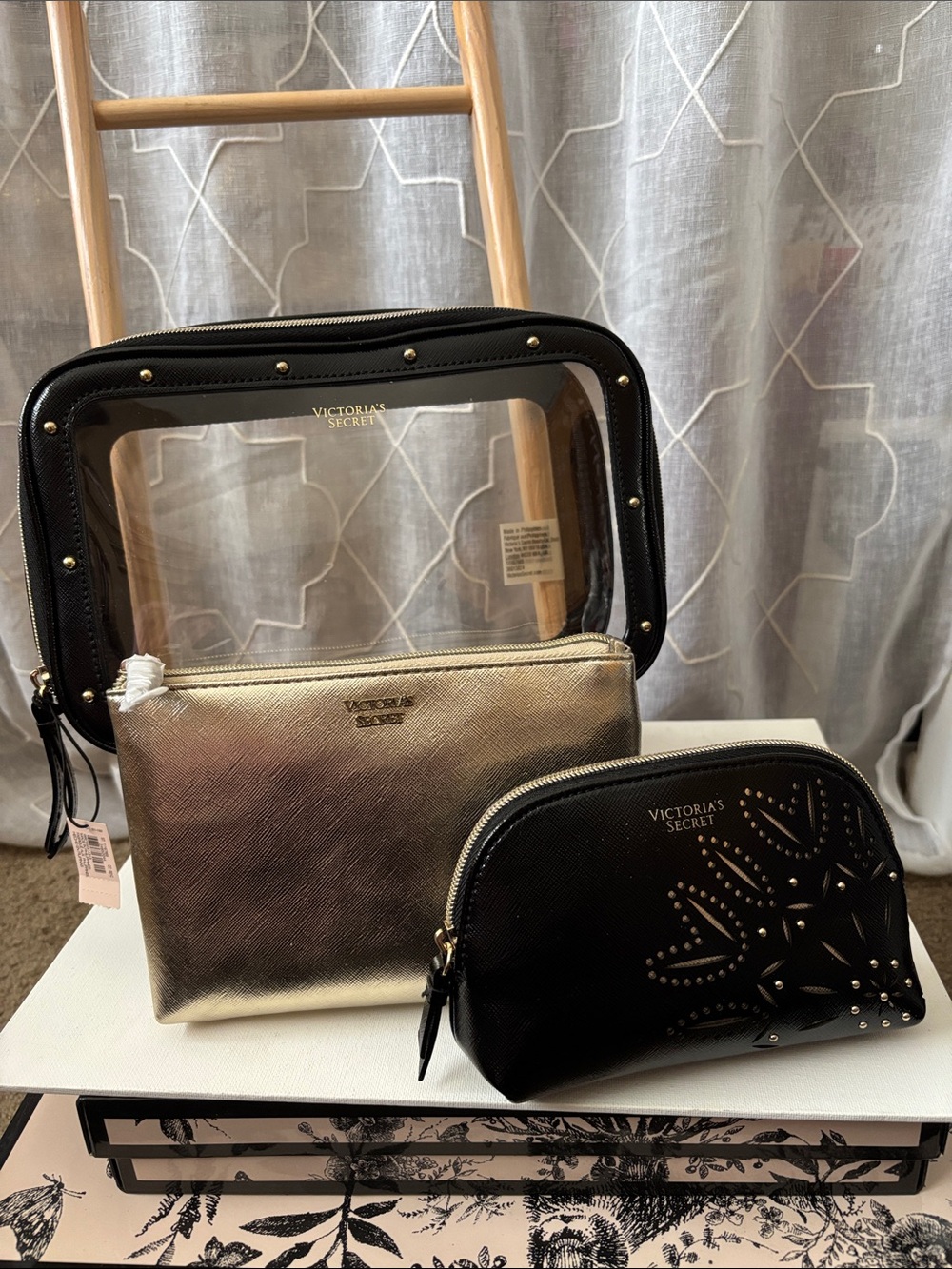 NWT Victoria's Secret Black and Gold Trio Cosmetic Pouch Set